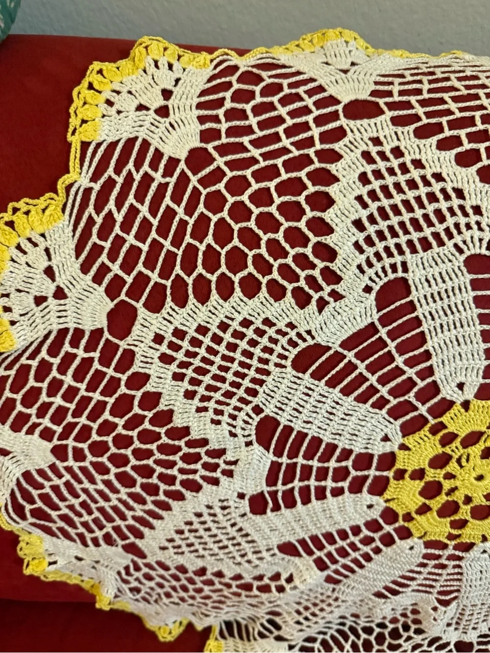 Big handcrafted Vintage White and Yellow Crochet Doily lace Table Accent